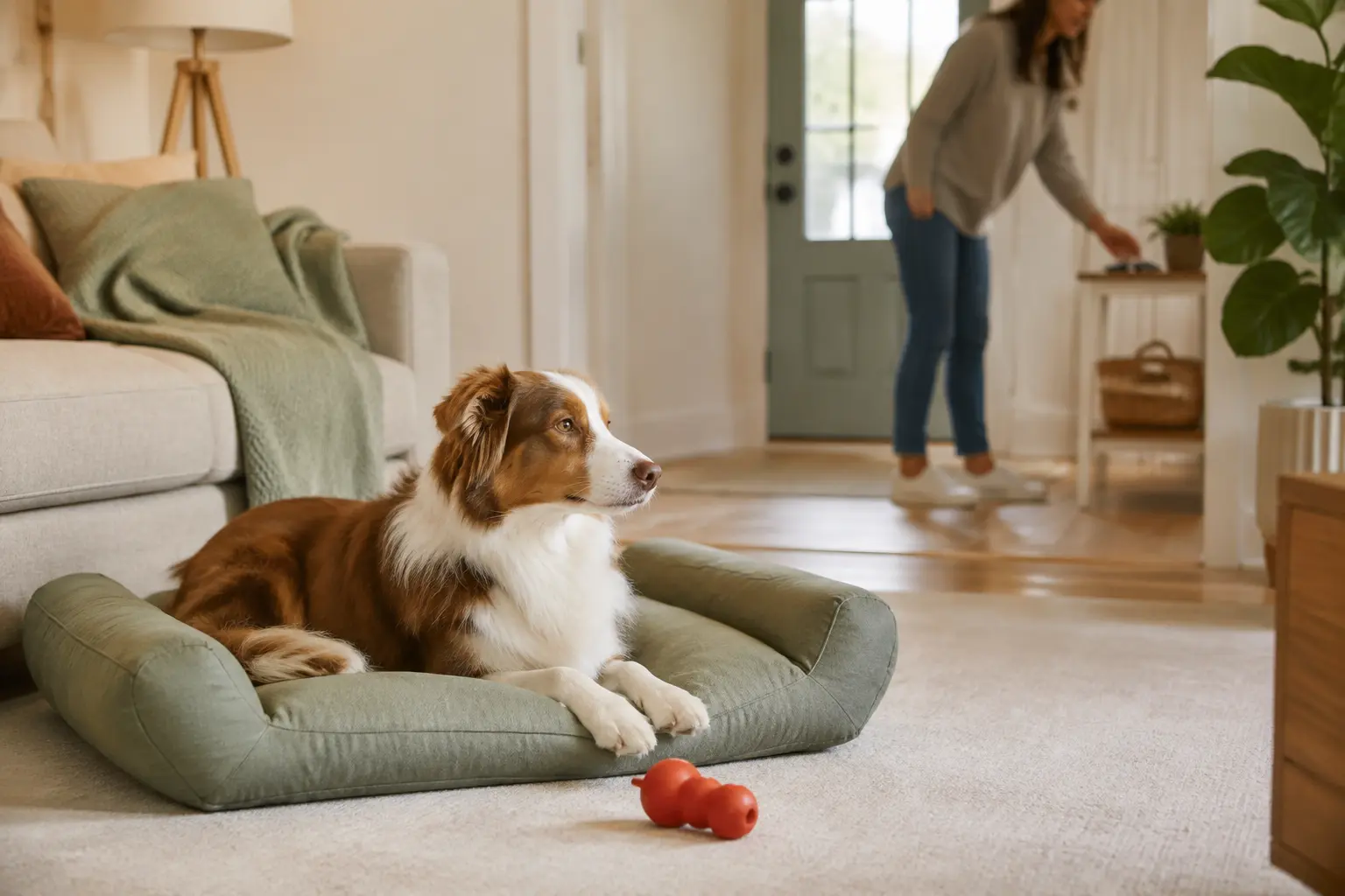 Dog relaxing independently on its bed