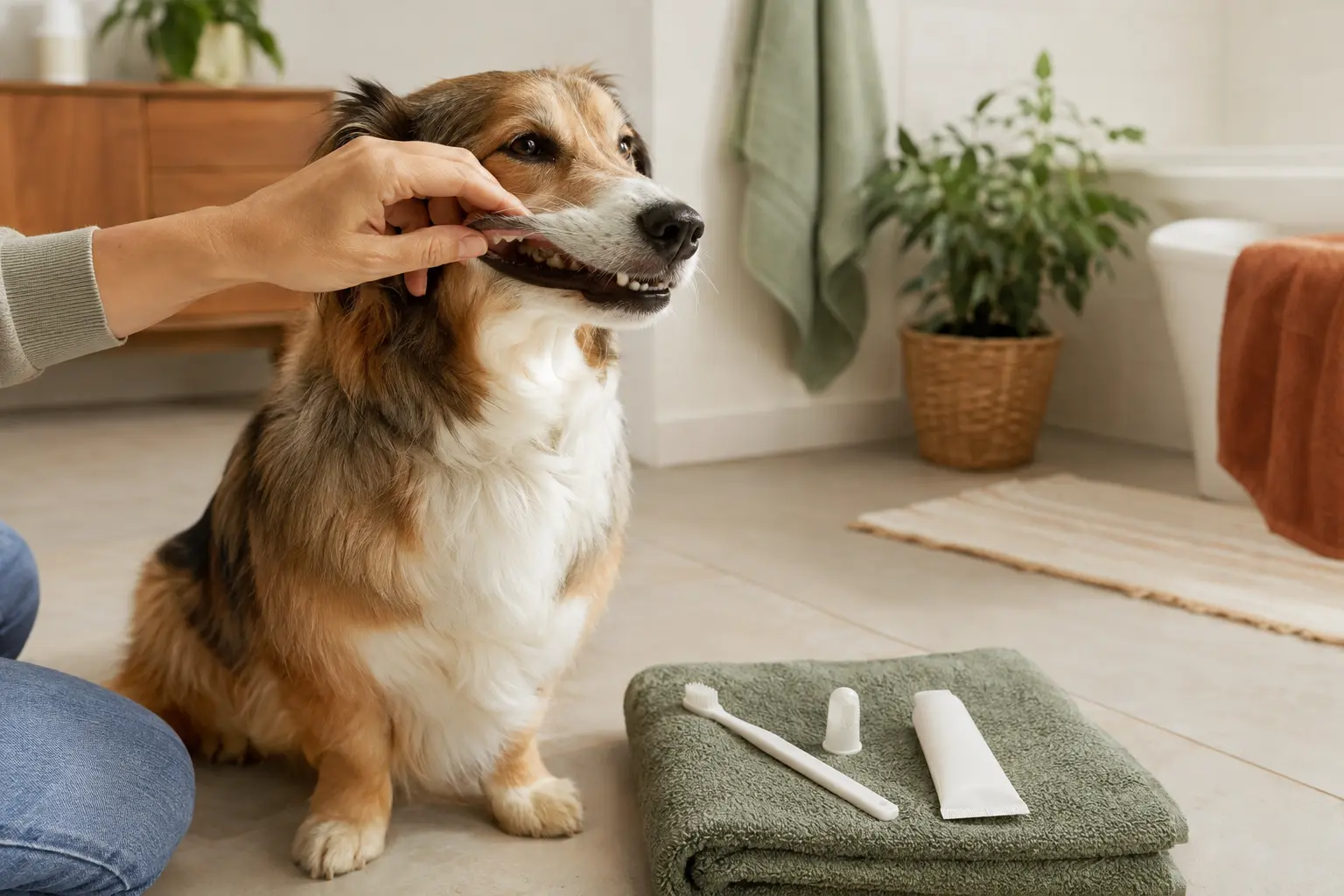Owner making a calm routine check of a dog's teeth