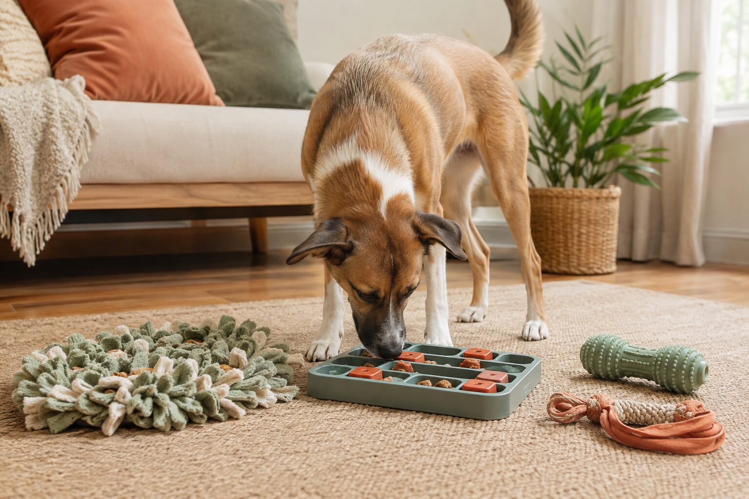 Dog using a puzzle feeder beside enrichment toys