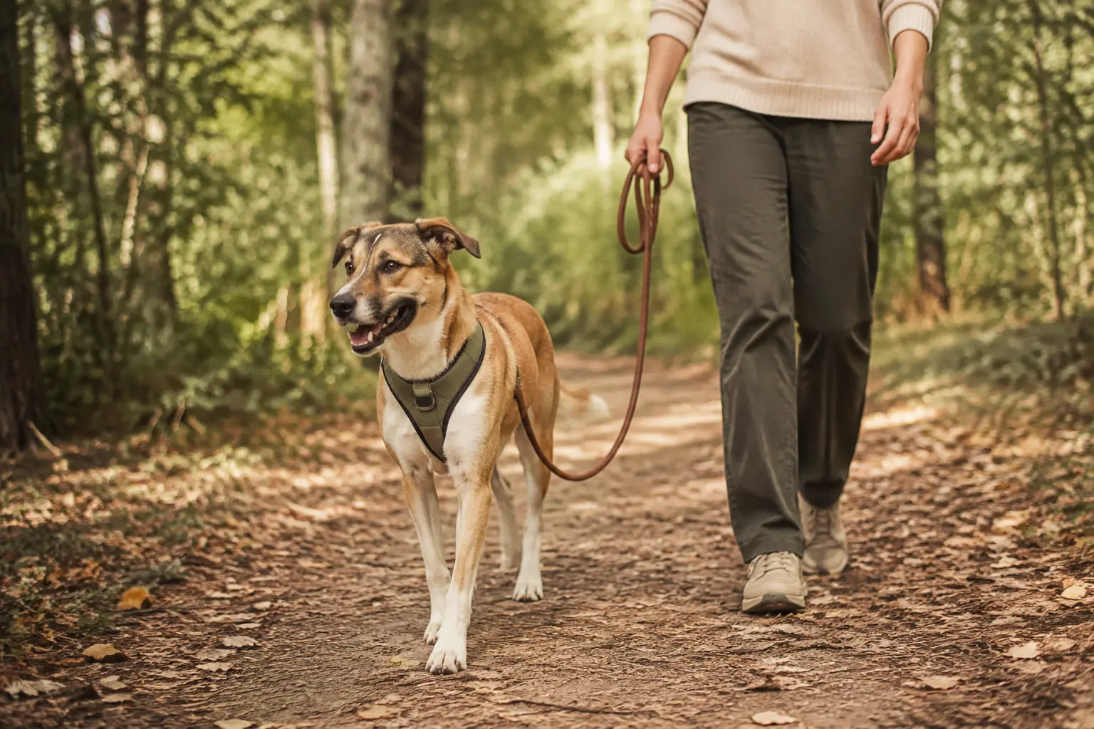 Dog walking calmly in a fitted harness