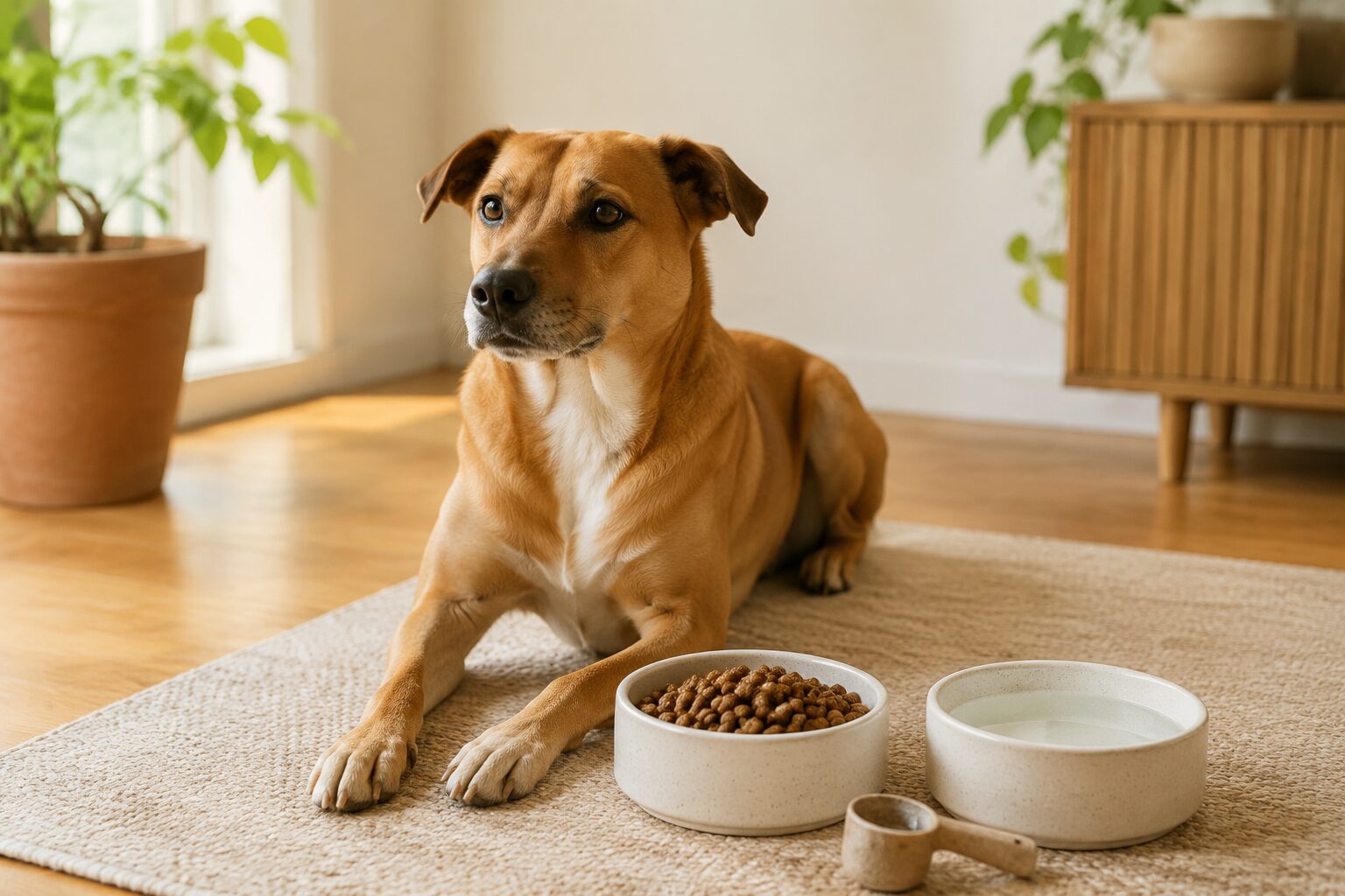 Dog beside separate food and water bowls