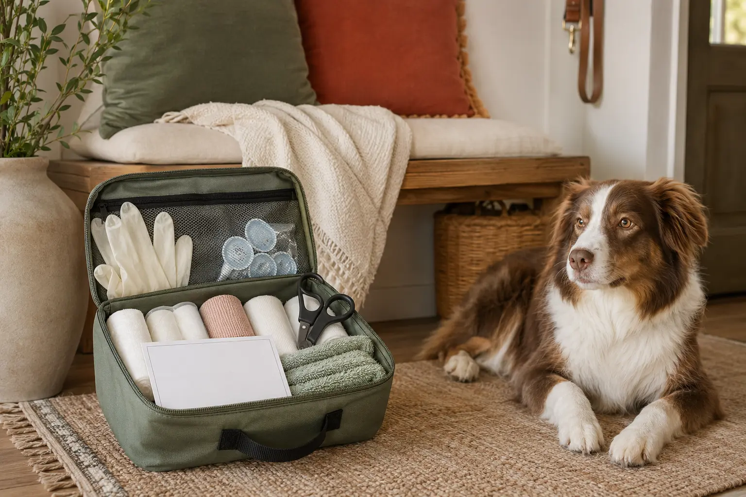 Organised dog first-aid kit beside a calm dog
