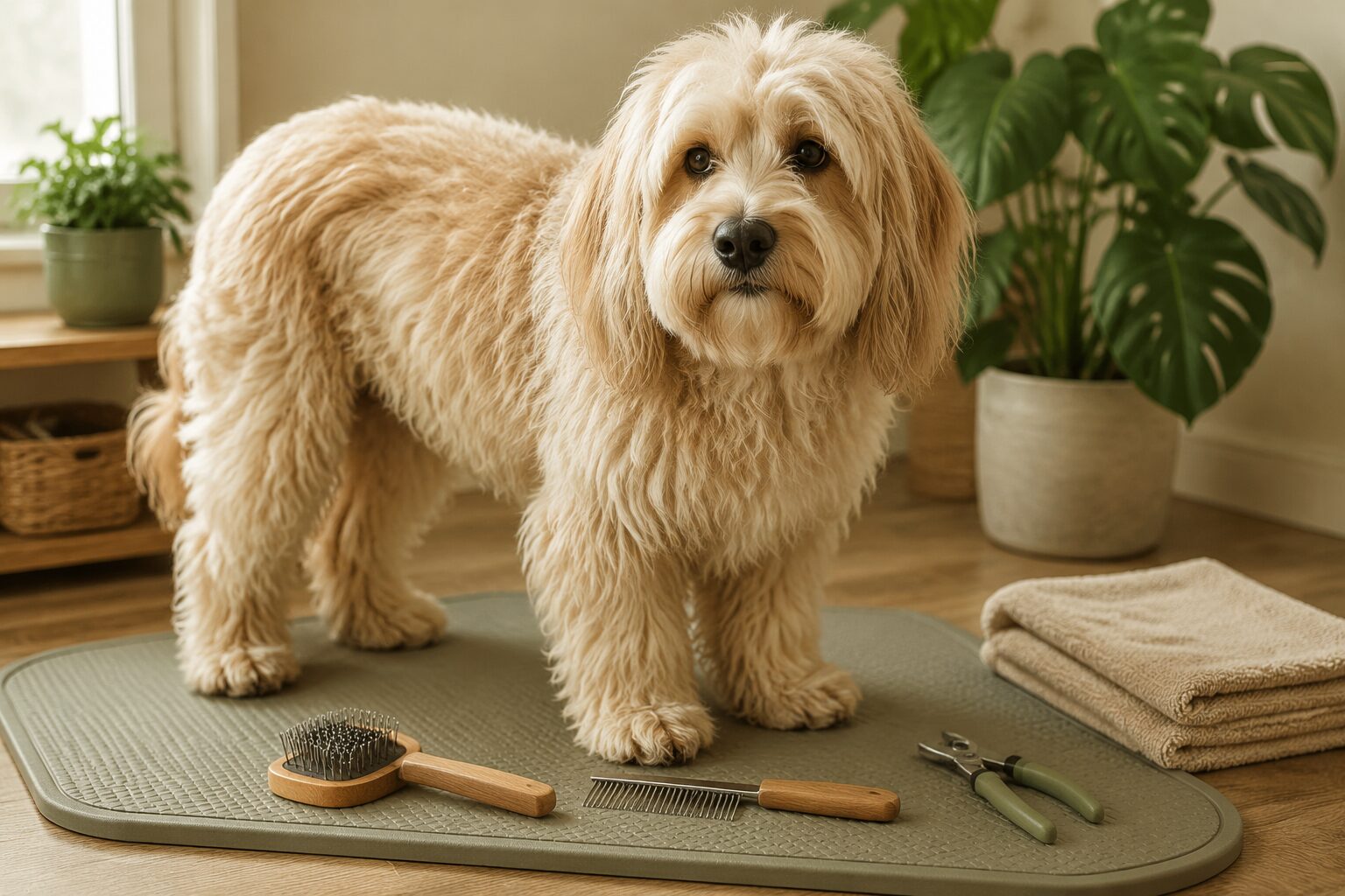 Long-haired dog beside grooming tools