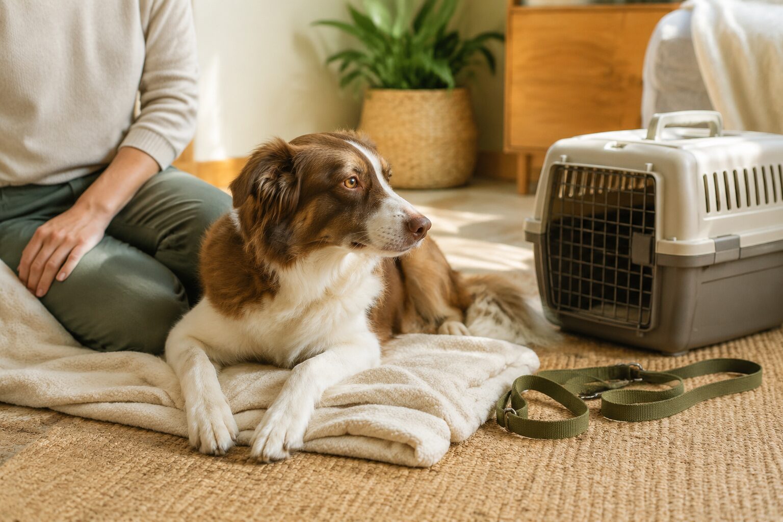Owner calmly observing a dog beside a travel crate