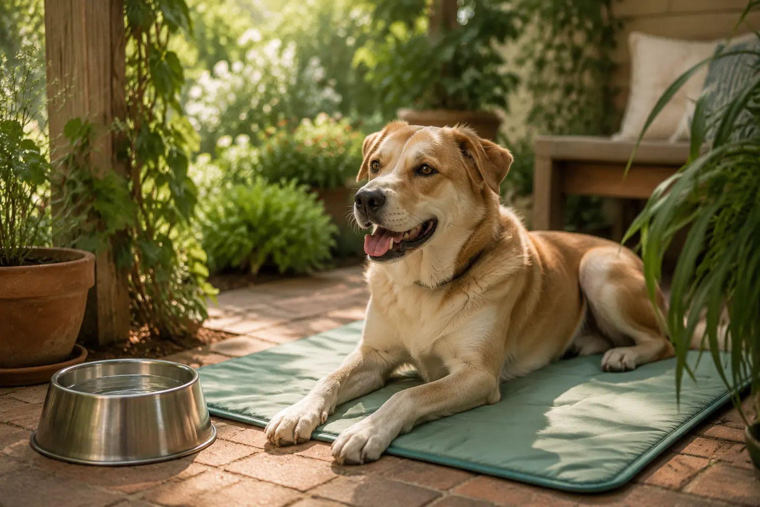 Dog resting in shade beside water