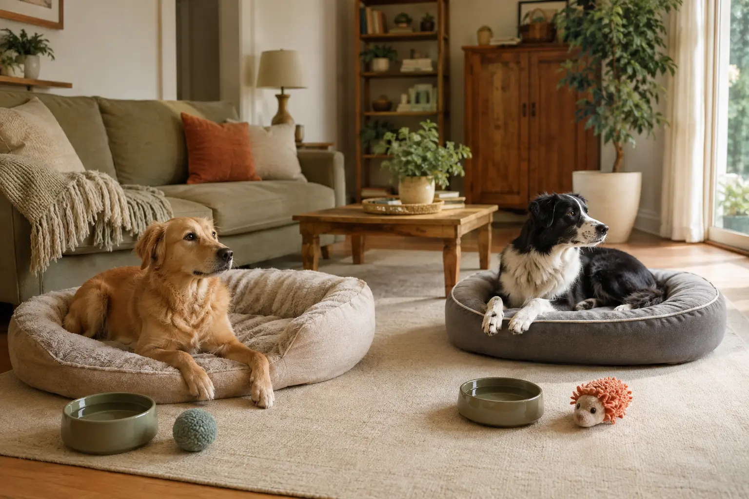 Two dogs relaxing on separate beds