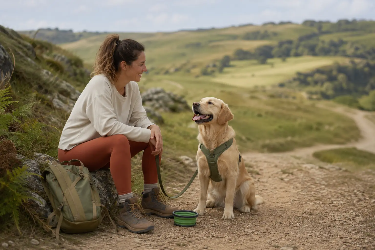 Dog and owner resting on an easy countryside trail