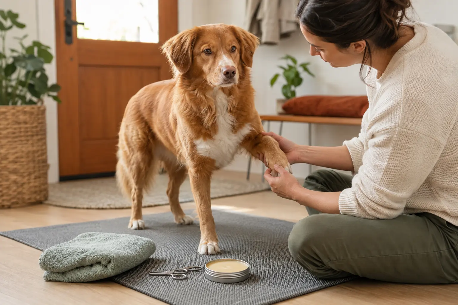 Owner gently checking a dog's paw