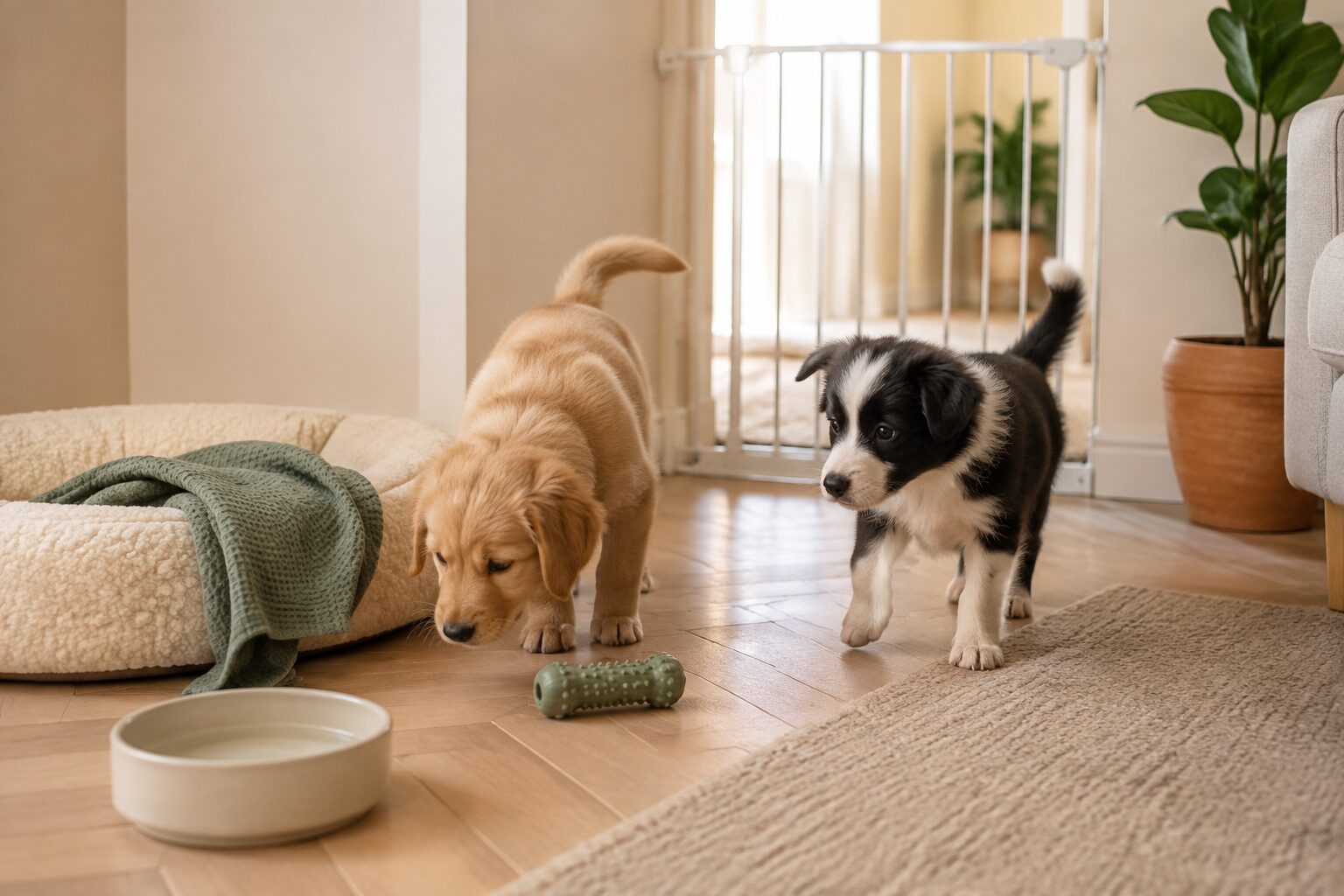 Two puppies in a safe puppy-proofed room