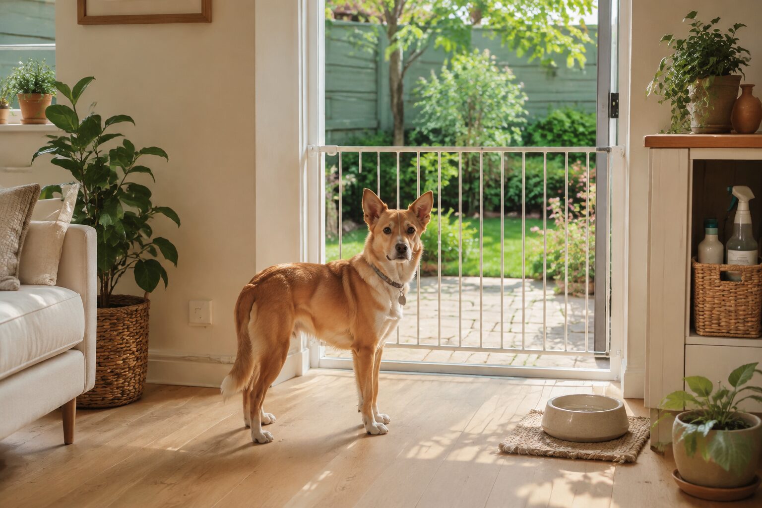Dog in a securely gated dog-friendly home and garden