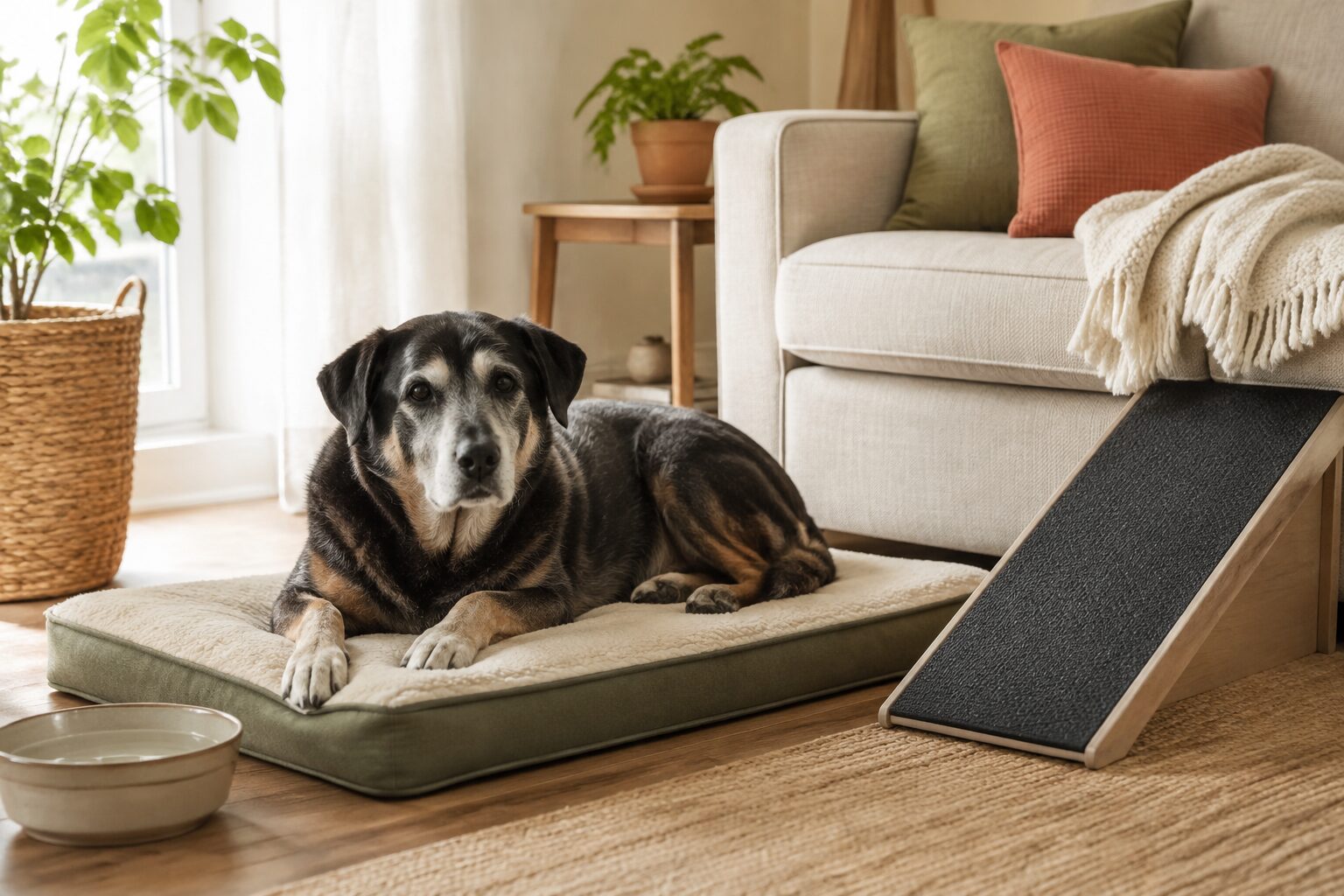 Older dog on a supportive bed beside a ramp