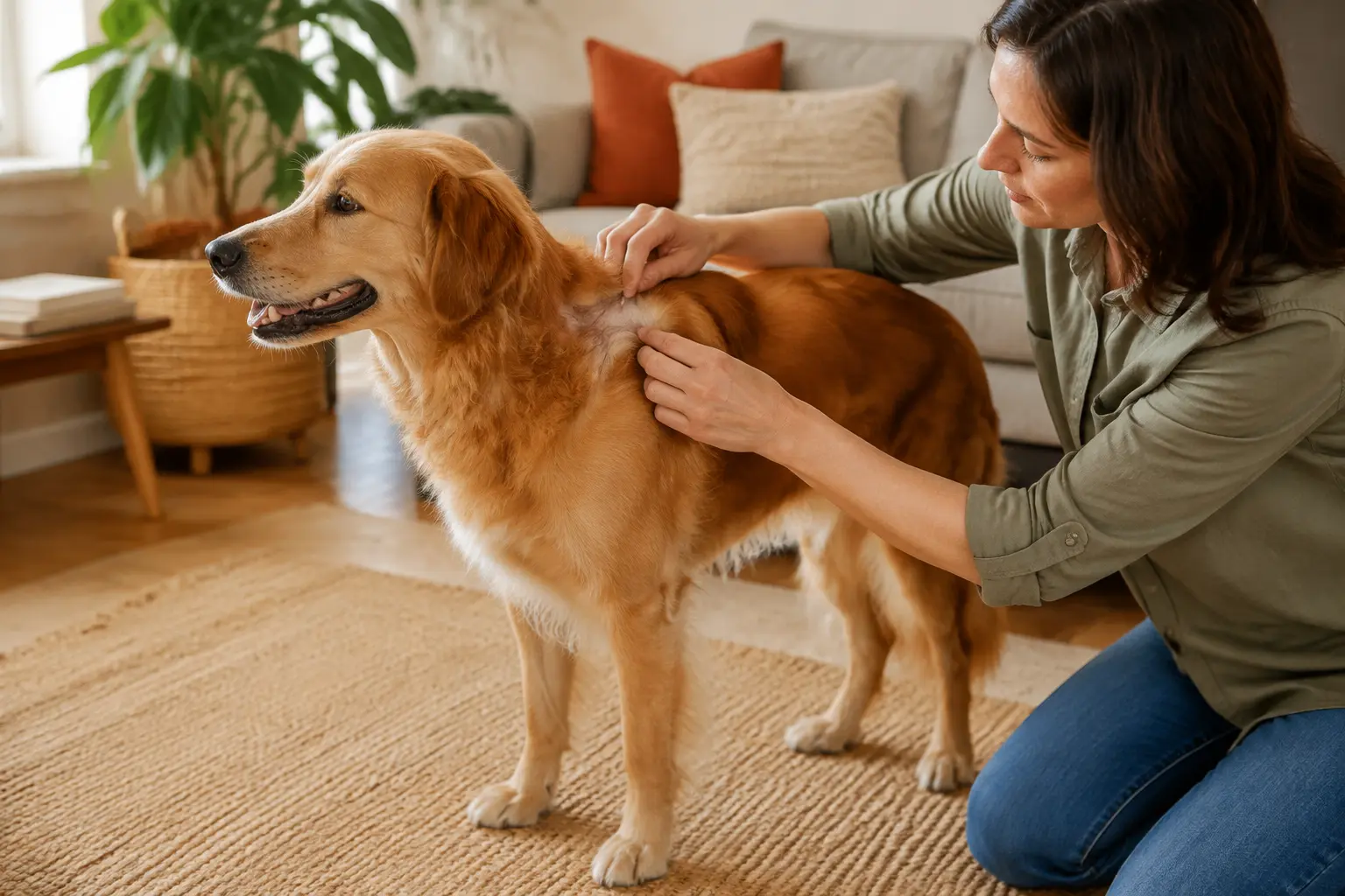 Owner checking a healthy dog's skin and coat