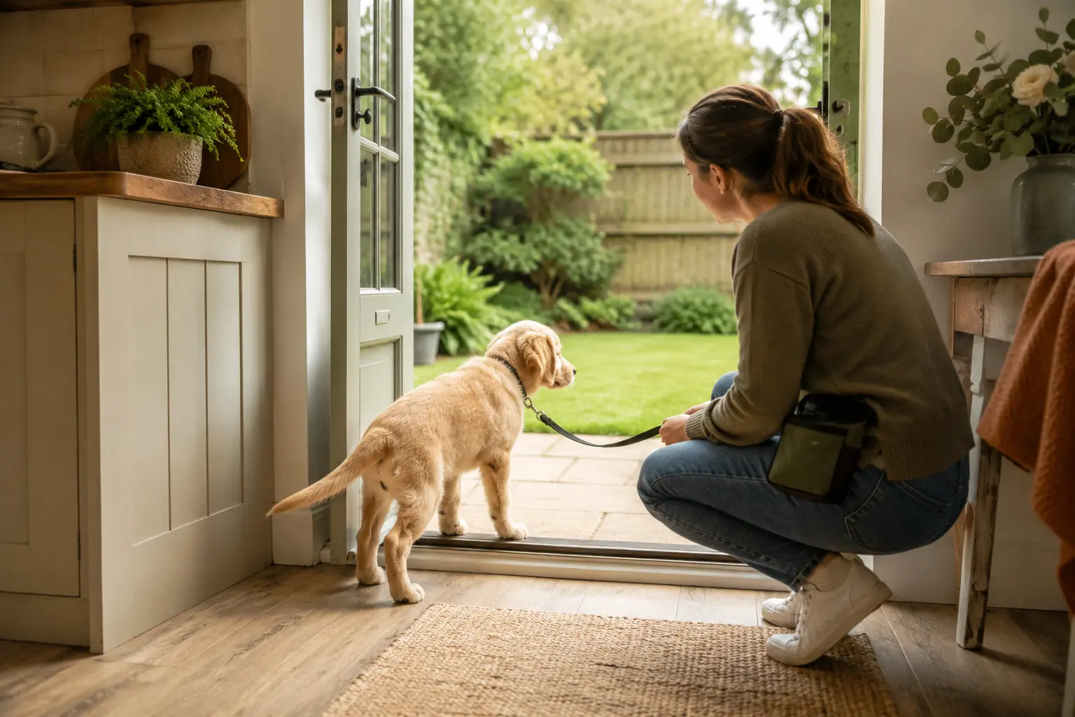 Puppy and owner beginning an outdoor toilet routine