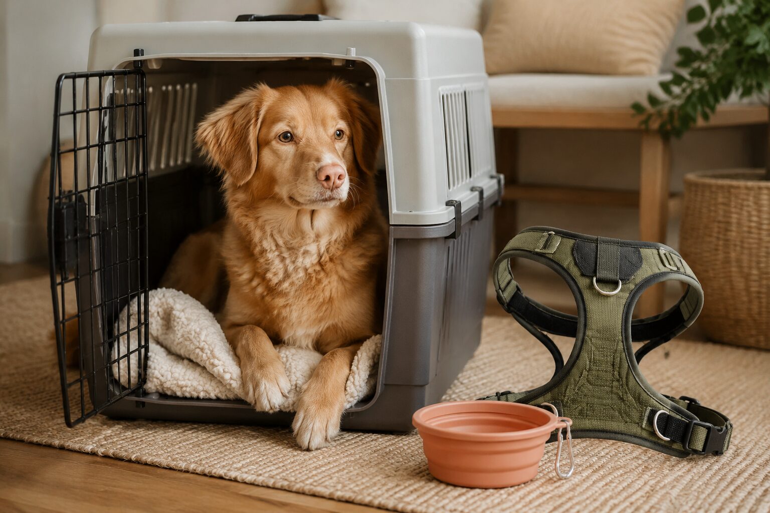 Dog sitting calmly in an open travel crate