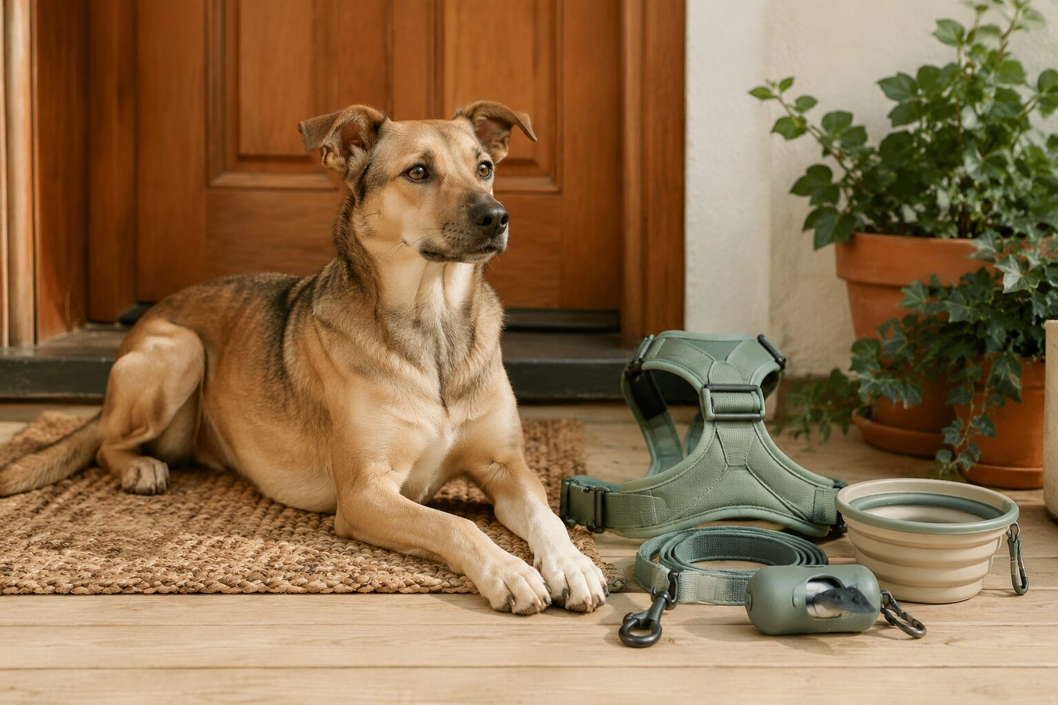 Dog beside a harness, lead and walking equipment