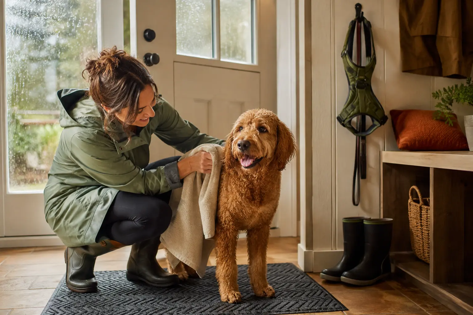 Owner towel drying a dog after a rainy walk